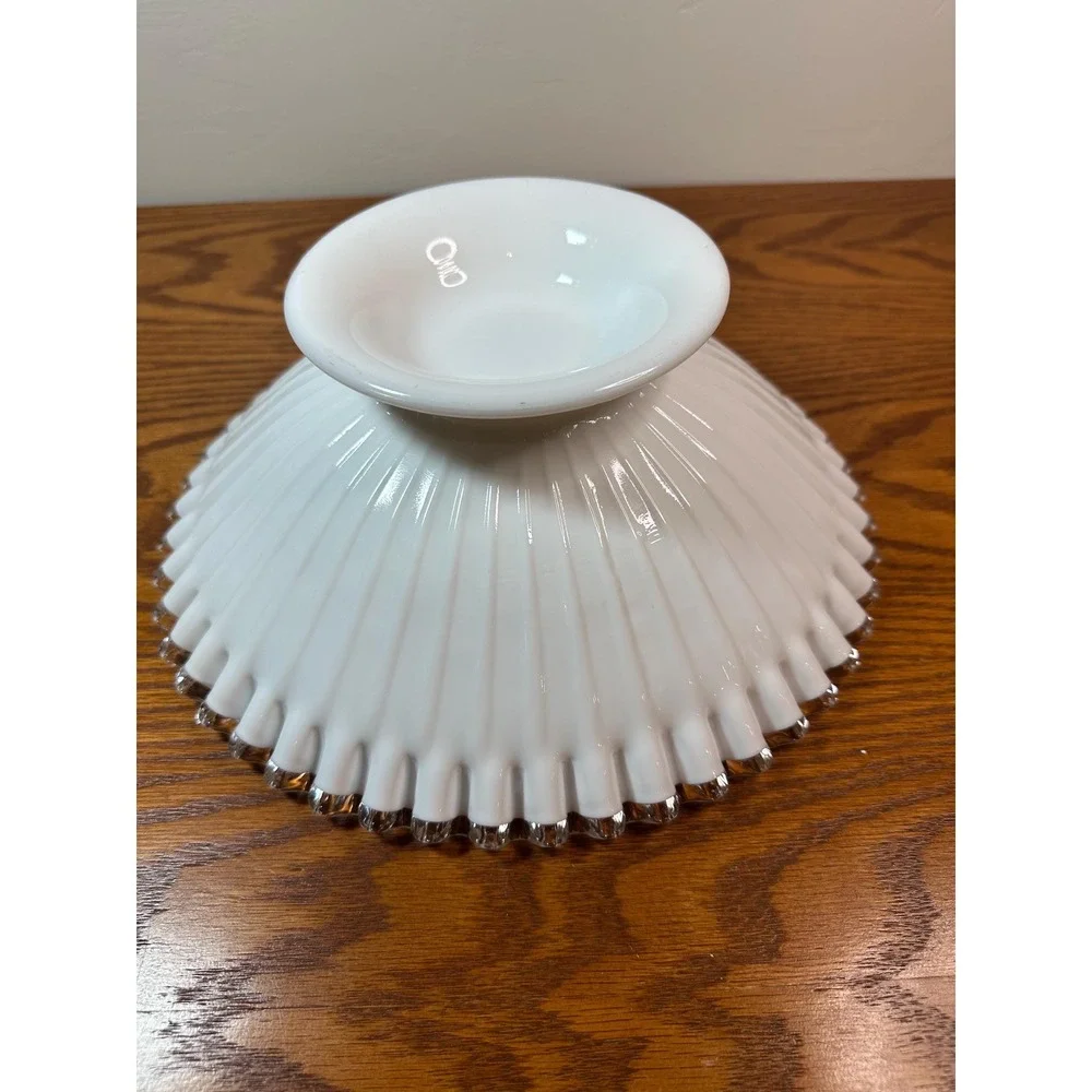 Vintage  Fenton Silver Crest Milk Glass Bowl with Ruffled Clear Edge 5823 SC 11